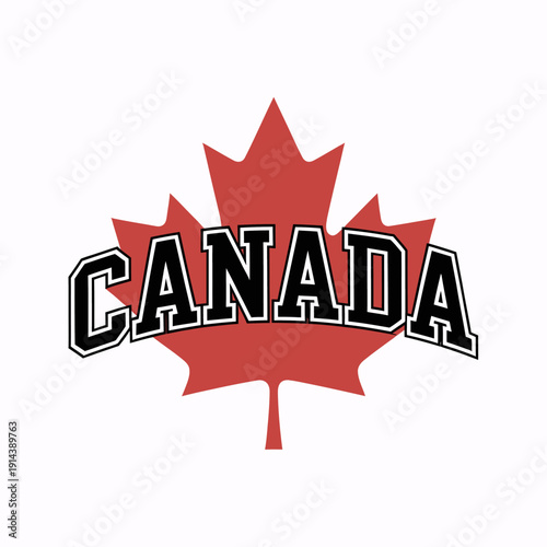 A red maple leaf is centered on a white background with the word 'Canada' displayed boldly across the leaf.