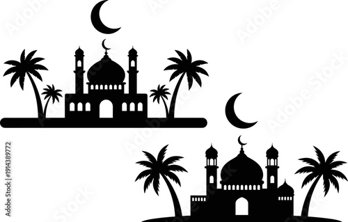 Islamic Mosque Silhouette with Crescent Moon and Palm Trees Landscape Isolated on White Background for Ramadan Eid Mubarak Design