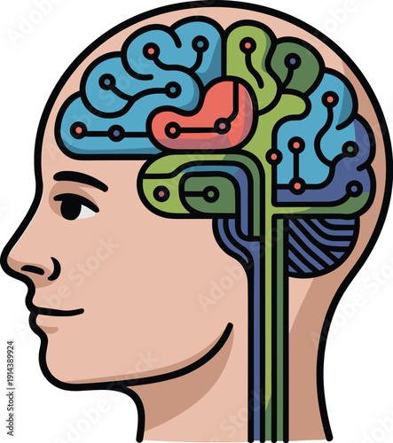 Stylized human head profile with colorful circuit board brain symbolizing artificial intelligence technology cognition and data processing for futuristic concepts business innovation and digital trans