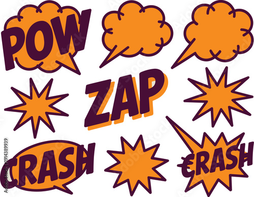 Comic book sound effect explosion speech bubble collection POW ZAP CRASH vintage retro graphic design elements for action scenes and dynamic visual storytelling in marketing advertising presentations