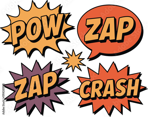 Comic book sound effect burst words POW ZAP CRASH explosion starburst graphic elements retro pop art style bold lettering vibrant colors dynamic action for action movie posters advertising marketing c