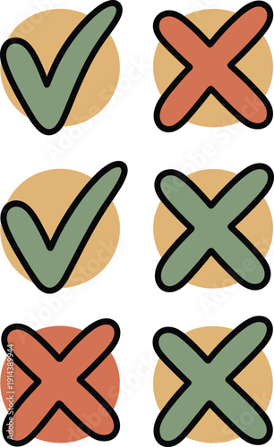 Checkmark and cross symbols icons set with muted earth tones and minimalist modern design for decision making voting approval disapproval or evaluation concepts vector graphic illustration