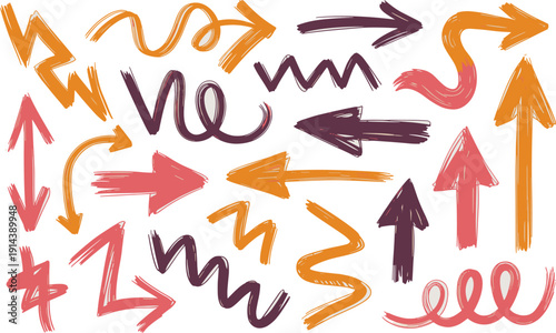 Hand drawn arrow collection in various shapes and colors like orange pink purple indicating direction movement progress choice decision guidance navigation abstract graphic elements for design project