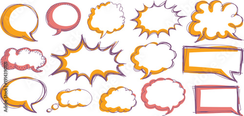 Hand drawn speech bubble collection diverse comic style dialogue boxes communication shapes for graphic design and web elements vibrant doodle style message icons abstract thought clouds for conversat