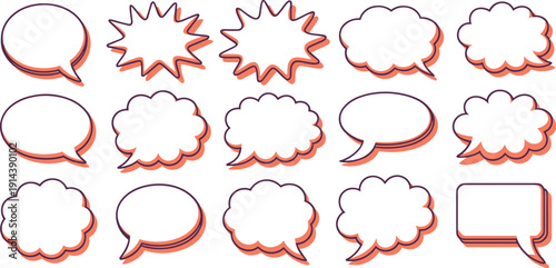 Collection of diverse comic book style speech bubbles and thought clouds with 3D shadow effect for dialogue text and communication concepts modern graphic design elements for presentations marketing a