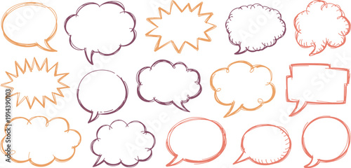 Hand drawn speech bubble collection creative communication dialogue conversation talking thinking brainstorming ideas thoughts message announcement empty shapes doodle style for graphic design present