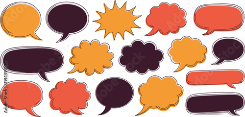 Collection of diverse hand drawn speech bubbles and thought clouds in orange purple and yellow perfect for comic dialogue conversation announcement ideas communication graphic design and creative expr