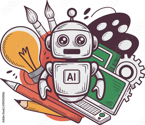 Cute AI robot character with lightbulb and art supplies representing innovation creativity and technology development for digital design and concept illustration business ideas startup growth and educ
