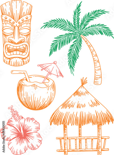 Tropical island vacation graphic elements tiki mask coconut drink with umbrella palm tree hibiscus flower and thatch hut for summer travel and resort advertising marketing design vector illustration