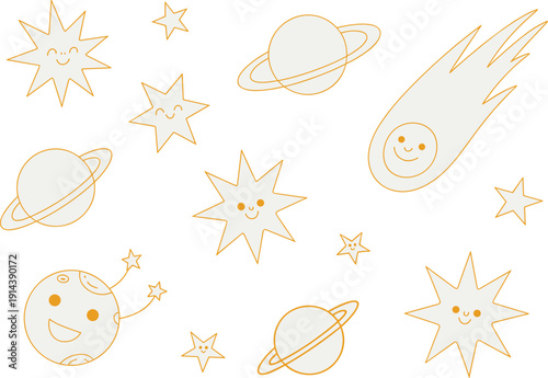 Cute cartoon space characters with planets stars and comet illustration for kids children education astronomy learning fun whimsical doodle style graphic design elements for nursery decor posters and