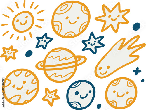 Cute cartoon planets sun stars comet and moon orbiting in space with happy smiling faces adorable doodle illustration for kids astronomy education science learning fun graphic design