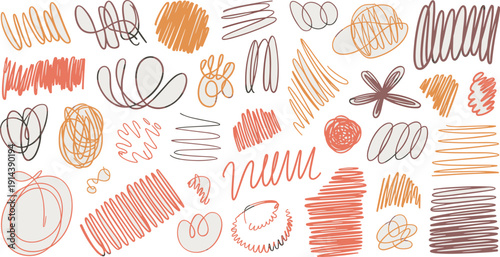 Abstract doodle scribbles and lines handmade sketch elements set warm pastel colors for modern graphic design backgrounds creative art illustration playful decorative organic shapes abstract patterns