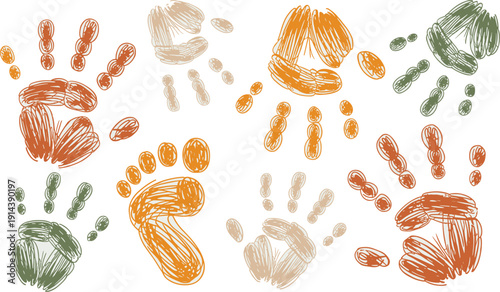 Colorful handprint and footprint doodles representing childhood innocence family connection and diversity in a playful artistic abstract background for children education or parental themes
