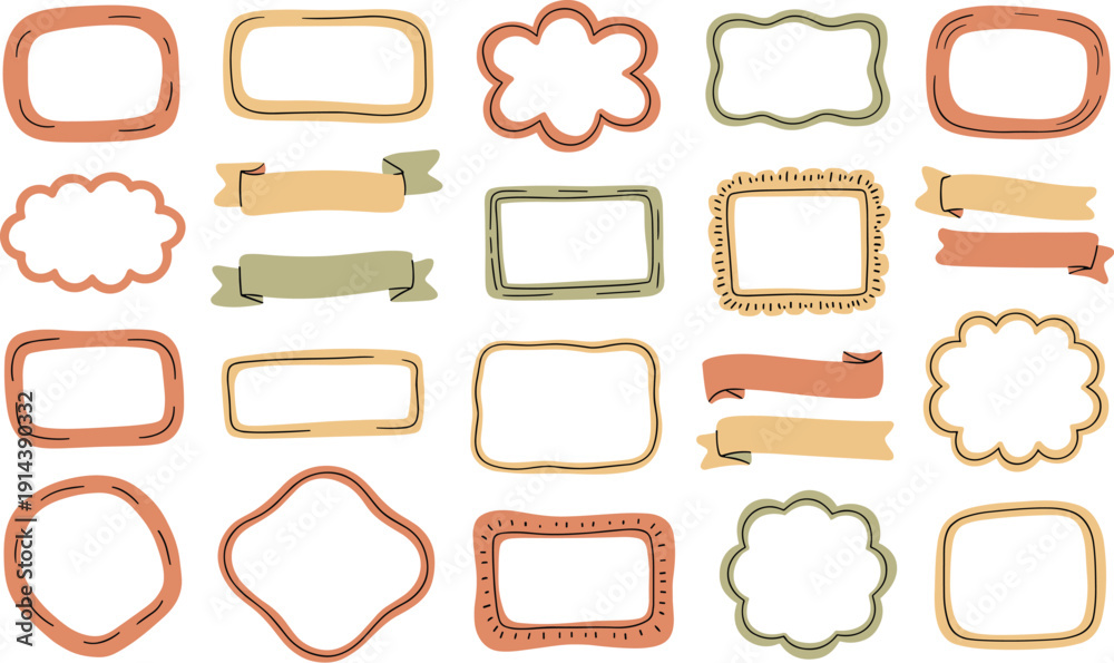 Obraz premium Hand drawn doodle frames and banners set playful organic shapes in pastel terracotta sage green and beige for scrapbooking journaling invitations greeting cards and design elements