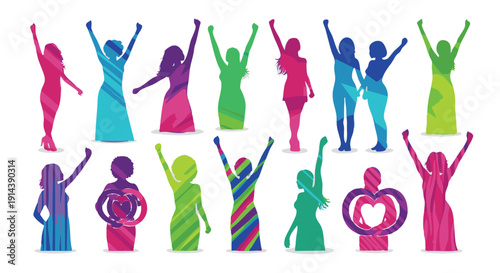 Colorful silhouettes of women in various poses with raised arms hearts