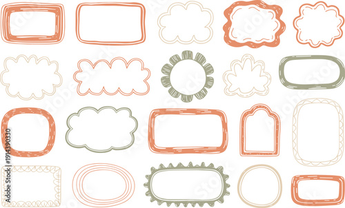 Hand drawn organic shapes and frames collection doodle elements for scrapbooking journaling design and creative projects soft pastel colors cute informal style illustration for invitations cards banne