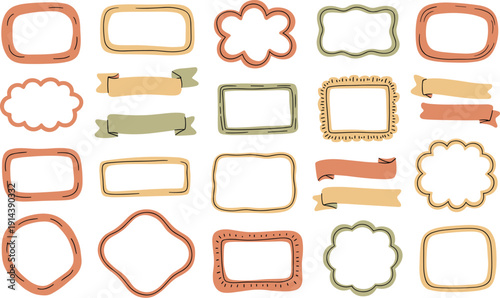 Hand drawn doodle frames and banners set playful organic shapes in pastel terracotta sage green and beige for scrapbooking journaling invitations greeting cards and design elements