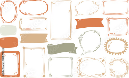 Hand drawn doodle frames and banners set simple shapes for notes and speech bubbles rustic boho style earth tone colors for journaling scrapbooking web design and graphic elements collection
