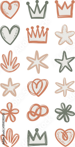 Bohemian hand-drawn doodle icons hearts crowns stars abstract organic shapes minimalist line art for graphic design elements celebrating love royalty uniqueness trendy feminine aesthetic pastel palett