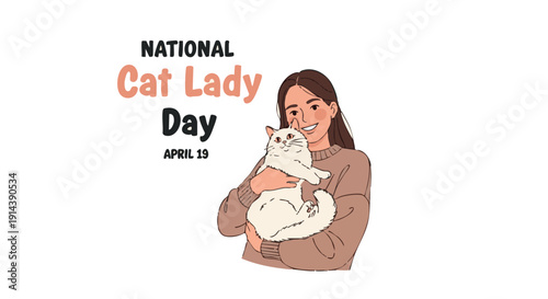 Woman holding white cat National Cat Lady Day April 19 brown sweater long brown hair