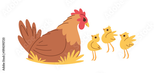 Cute hen with chicken family