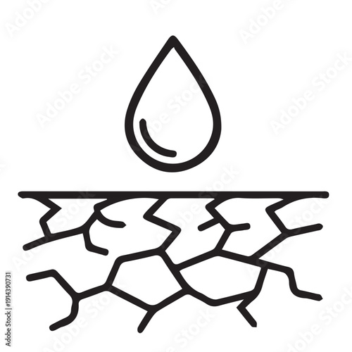 Single Water Drop Falling on Cracked Dry Ground Outline Illustration