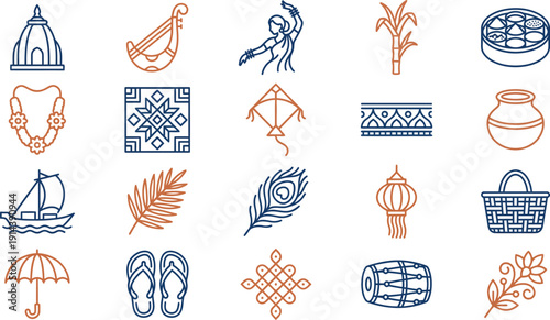 Elegant vector line art icons capturing the essence of Indian culture, festivals, and traditional lifestyle in a minimalist contemporary design