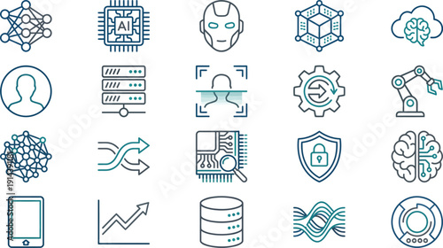 Modern Vector Icon Set Illustrating Artificial Intelligence, Big Data, and Cybersecurity Concepts for Digital Innovation
