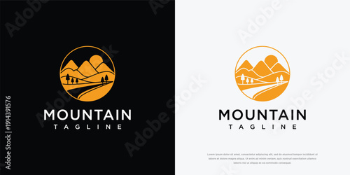 Mountain and Sun Logo Design with Road Path in Circle - Nature Adventure Travel Branding Icon.