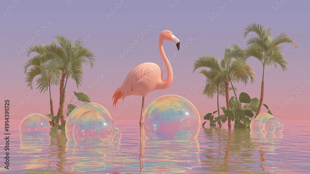 Obraz premium Tropical flamingo illustration evokes summer relaxation and exotic travel in a minimal pastel paradise for lifestyle, vacation, and decor marketing