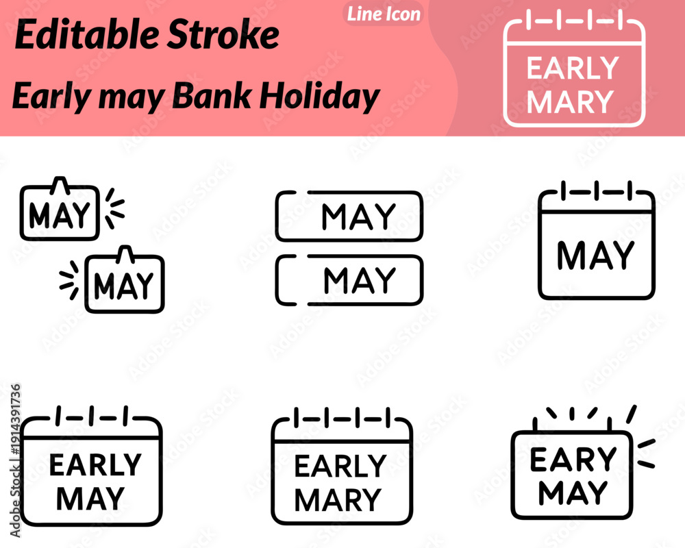 Obraz premium Early May Bank Holiday icon featuring a calendar marked in early May, blooming flowers. Bright sun and festive bunting. Symbolizes spring celebration, public holiday, relaxation, outdoor activities.