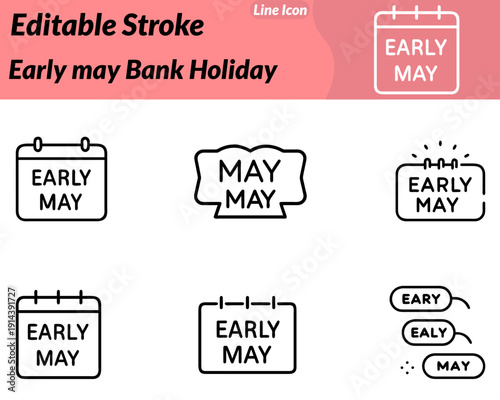 Early May Bank Holiday icon featuring a calendar marked in early May, blooming flowers. Bright sun and festive bunting. Symbolizes spring celebration, public holiday, relaxation, outdoor activities.