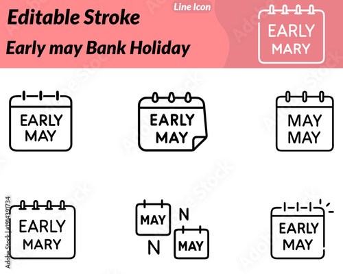Early May Bank Holiday icon featuring a calendar marked in early May, blooming flowers. Bright sun and festive bunting. Symbolizes spring celebration, public holiday, relaxation, outdoor activities.