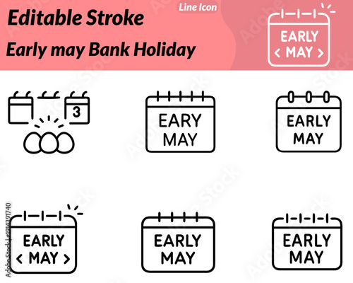 Early May Bank Holiday icon with a calendar showing early May, spring flowers, sunshine, and festive flags. Represents public holiday, springtime relaxation, outdoor events, travel, and seasonal.
