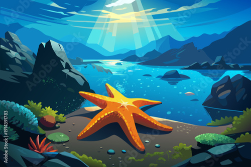 Underwater macro of starfish on volcanic rock in El Cabron Marine Reserve, Canary Islands, Gran Canaria, diving scene with vibrant marine biodiversity, clear blue ocean