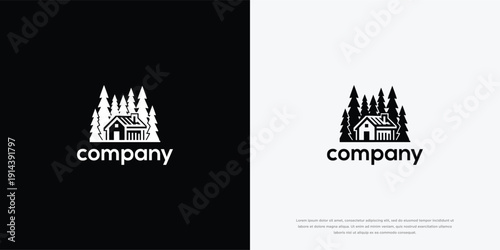 Rustic Cabin Forest Logo Design - Vintage Log House Pine Trees Emblem.