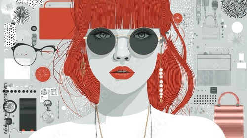 Modern minimalistic female portrait with red hair and fashion accessories, ideal for beauty, style, and fashion branding or editorial design contexts