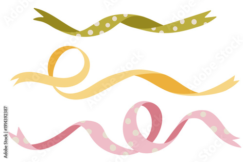 A collection of decorative wavy ribbons in pink, yellow, and green with polka dots. Perfect for gift wrapping, greeting cards, festive event invitations, scrapbooking projects, and digital web banners