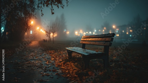 Lonely wooden bench in quiet autumn park at night, evoking solitude, reflection, and seasonal urban atmosphere for lifestyle or mental health concepts