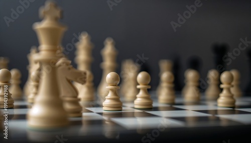 Close up View of a Chess Game in Progress on a Wooden Board With Black and Wh...