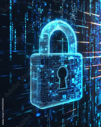 Digital Lock Icon with Blue Data Stream Background