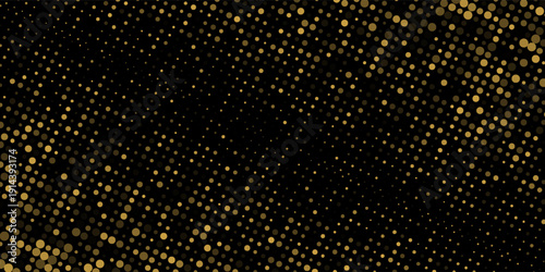 Abstract luxury banner with golden glittering dots on black background. Sparkling glitter bottom border, vector frame. Halftone effect. Magical gold dust. Pop art style backdrop.
