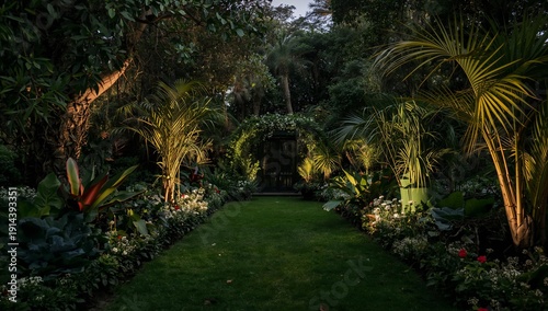 Garden Path With Lights at Dusk Showcasing Plants and Greenery in a Natural S...