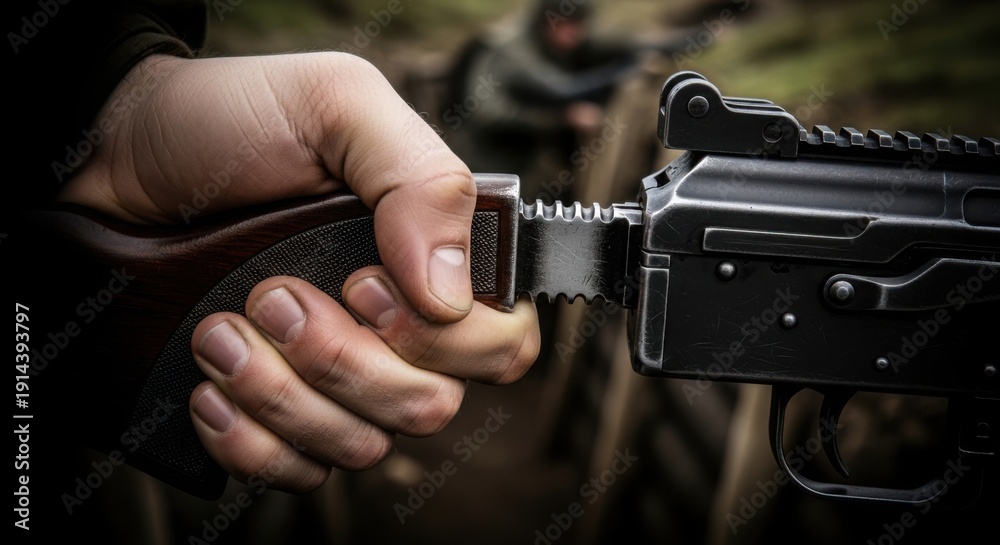 Obraz premium Close up of hand operating military rifle in a tactical environment, preparing weapon for combat action. Detailed view shows soldier reloading military rifle,