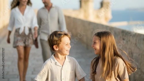 Family walking and exploring at sunrise, parents with young children, kids running joyfully ahead, happy and smiling, warm vacation atmosphere, summer holiday, relaxation and fun