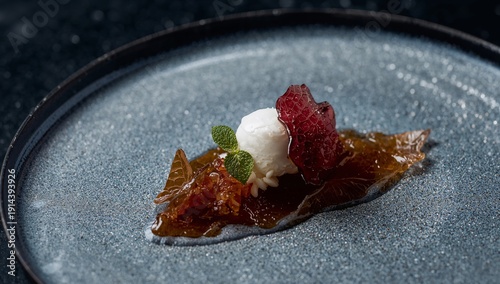Unique Dessert Presentation With Jelly and Cream on a Dark Plate in a Dining ...