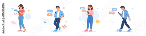 People chatting on smartphones in various poses, flat vector illustration