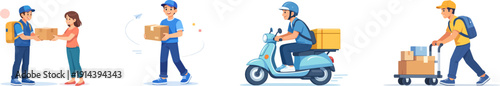 Delivery person with packages in various transportation modes, flat vector illustration