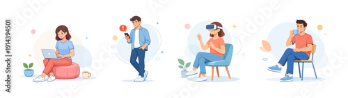 People engaged with technology and leisure activities, flat vector illustration