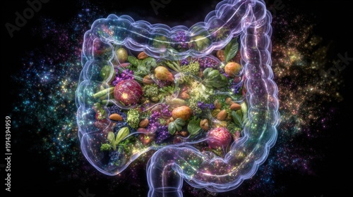 A colorful image of a stomach with a variety of fruits and vegetables inside